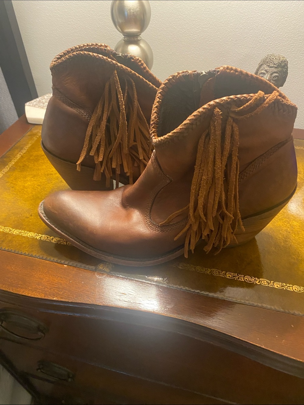 LIBERTY Black Brown Leather Fringe Ankle Boots